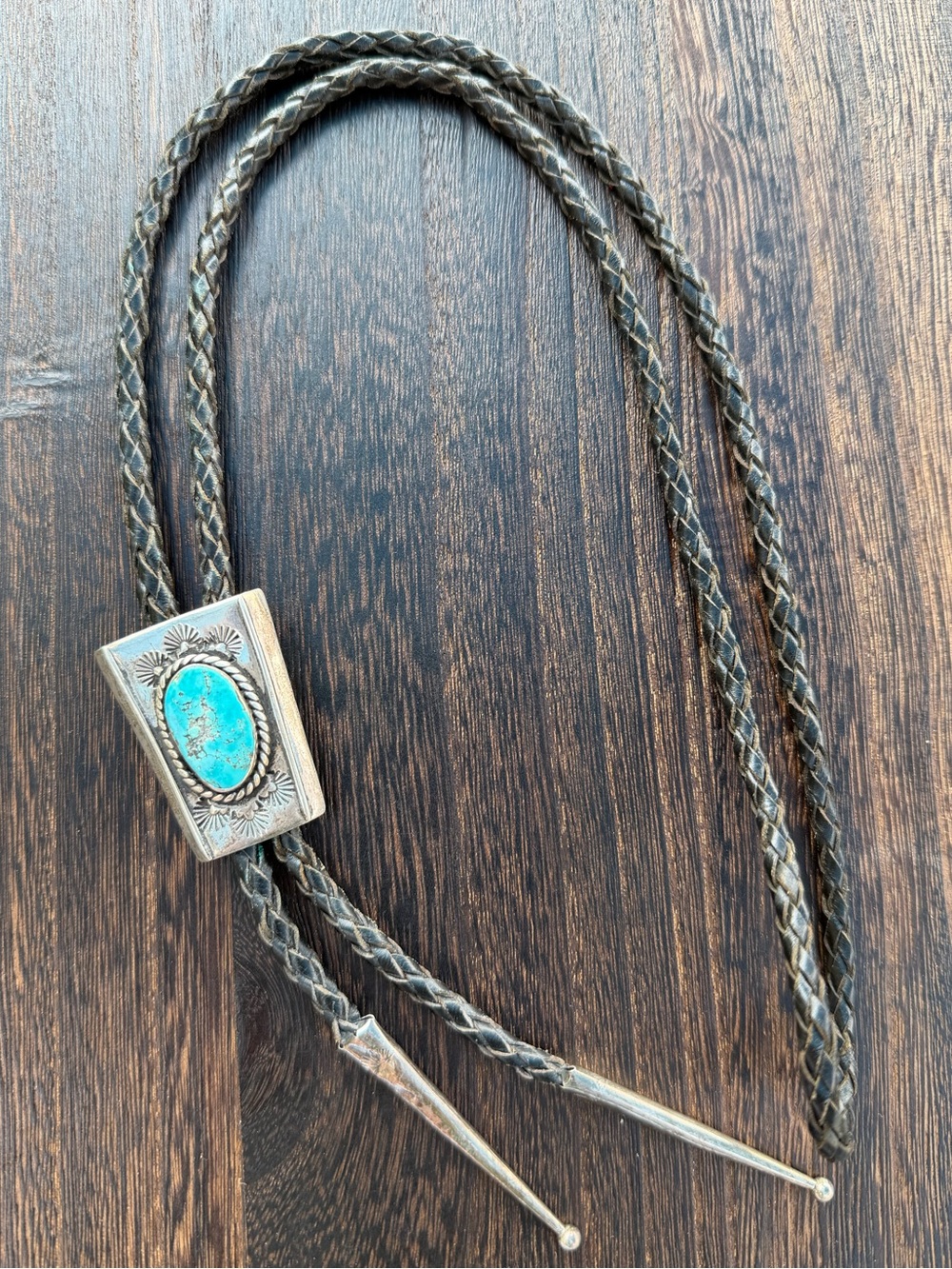 Silver Turquoise Bolo Tie with Braided Leather Cord